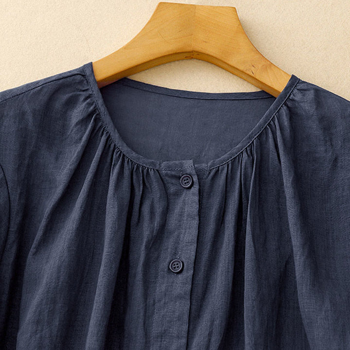Buddha Stones Plain Button Crew Neck Design Women's Blend Three Quarter Sleeve Shirt - image 1