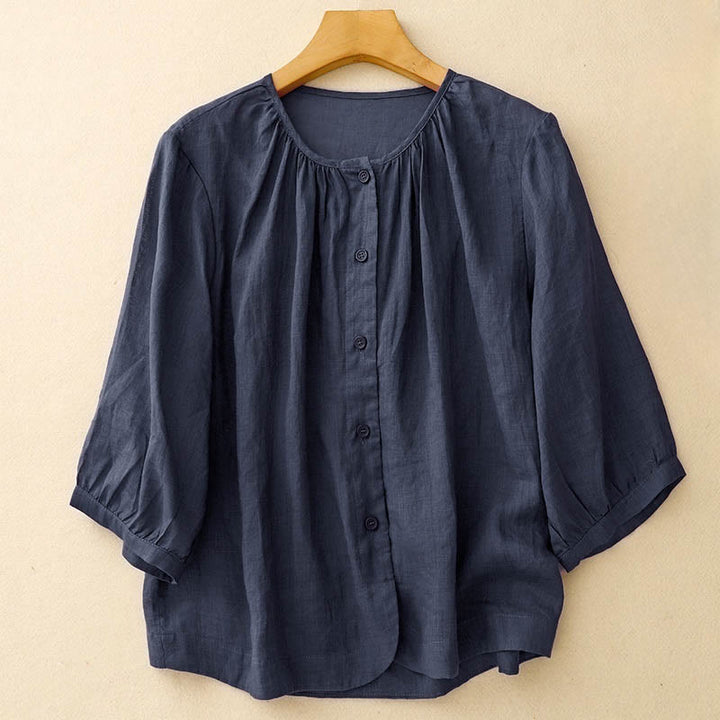 Buddha Stones Plain Button Crew Neck Design Women's Blend Three Quarter Sleeve Shirt - Navy - US12，UK/AU16，EU44 (2XL) - image 0