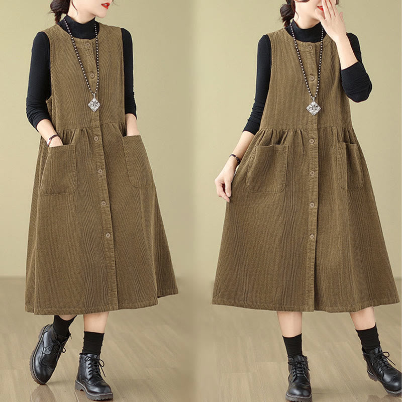 Buddha Stones Fall Retro Buttons Design Corduroy Sleeveless Midi Dress With Pockets - image 16