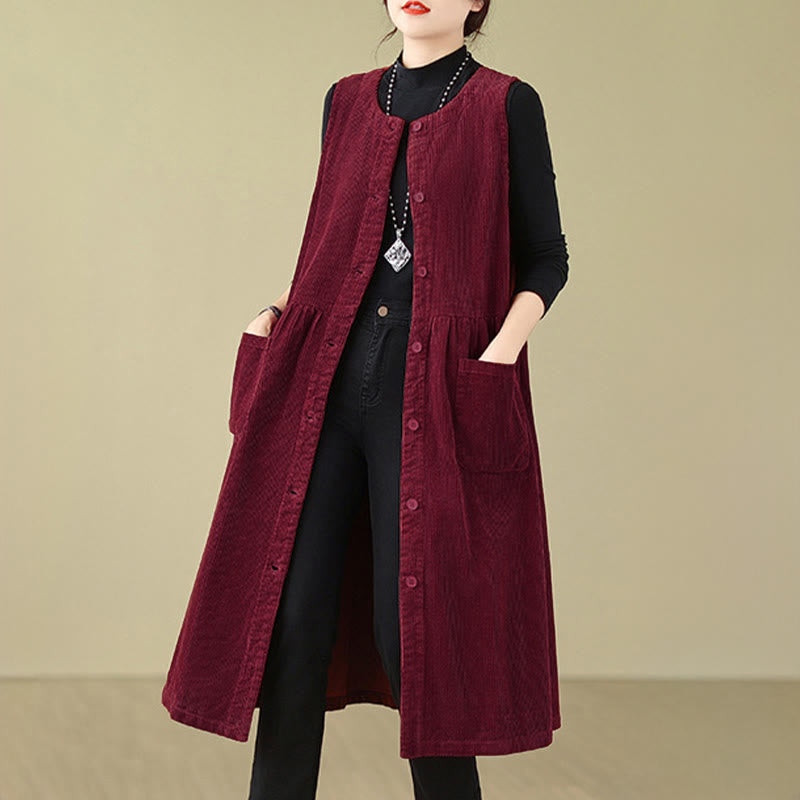 Buddha Stones Fall Retro Buttons Design Corduroy Sleeveless Midi Dress With Pockets - image 22