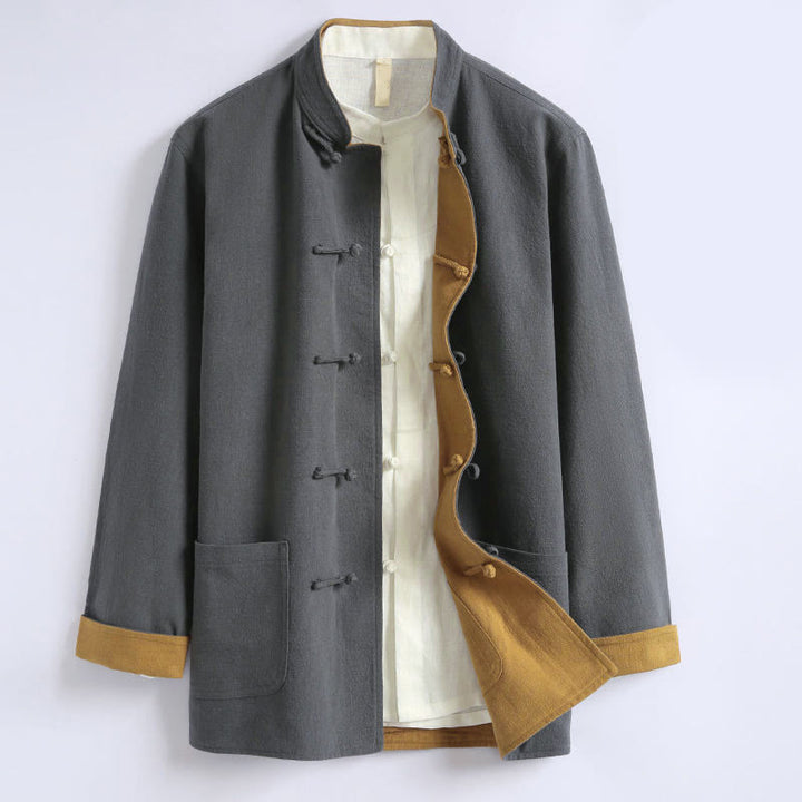 Buddha Stones Spring Chinese Reversible Men's Frog-Button Cotton Long Sleeve Jacket - Gray - US/UK/AU44，EU54 (5XL) - image 0