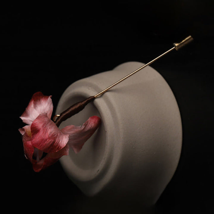 Buddha Stones Handmade Silk Art Dark Red Velvet Iris Blessing Good Fortune Brooch - image 2