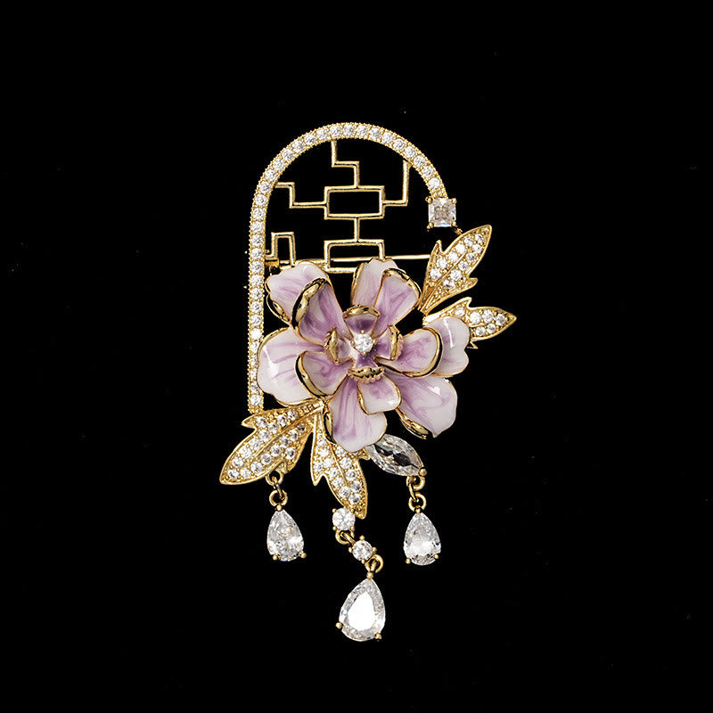 Buddha Stones Chinese-style Window Purple Peony Flower Tassel Copper Brooch - image 1