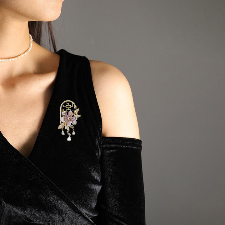 Buddha Stones Chinese-style Window Purple Peony Flower Tassel Copper Brooch - image 2