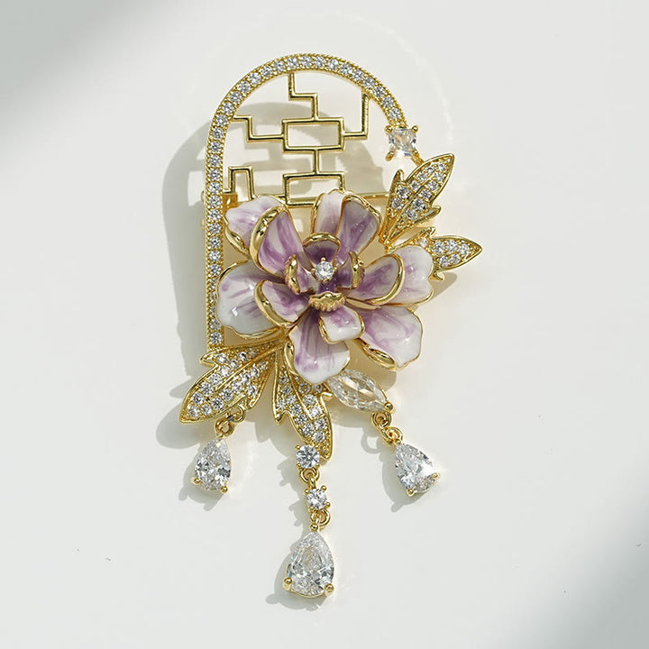 Buddha Stones Chinese-style Window Purple Peony Flower Tassel Copper Brooch - image 4