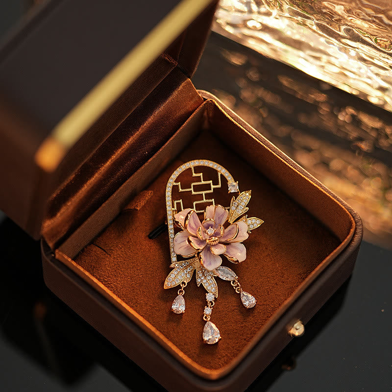 Buddha Stones Chinese-style Window Purple Peony Flower Tassel Copper Brooch - image 7