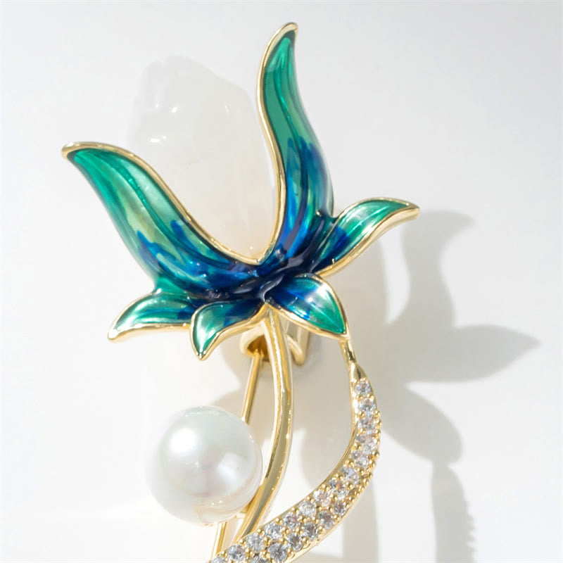 Buddha Stones Magnolia Flower Pearl Optimism Copper Brooch - image 2