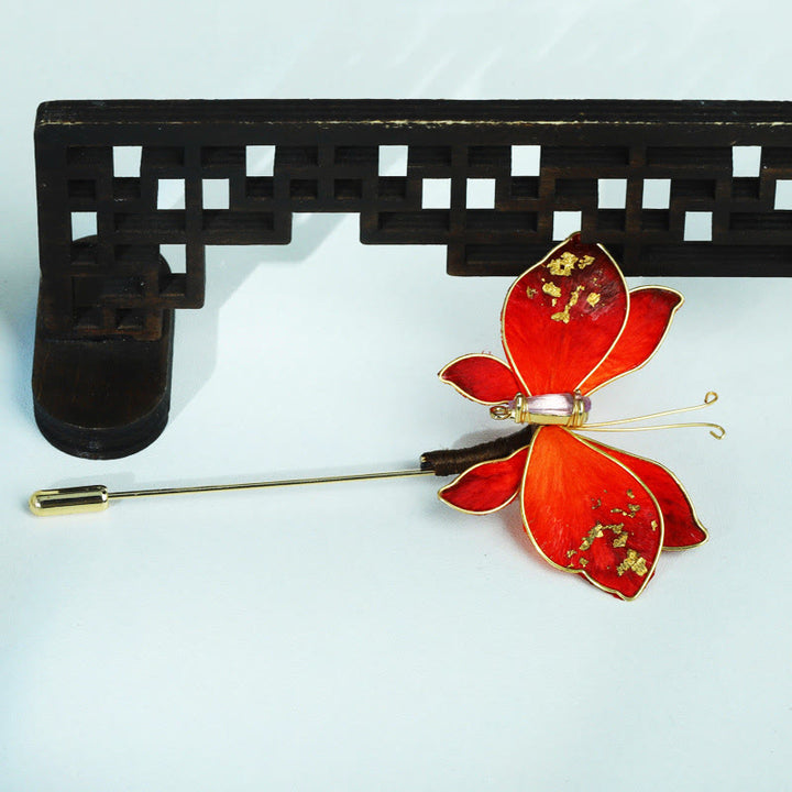 Buddha Stones Handcrafted Silk Art Velvet Flower Red Butterfly Brooch - image 2