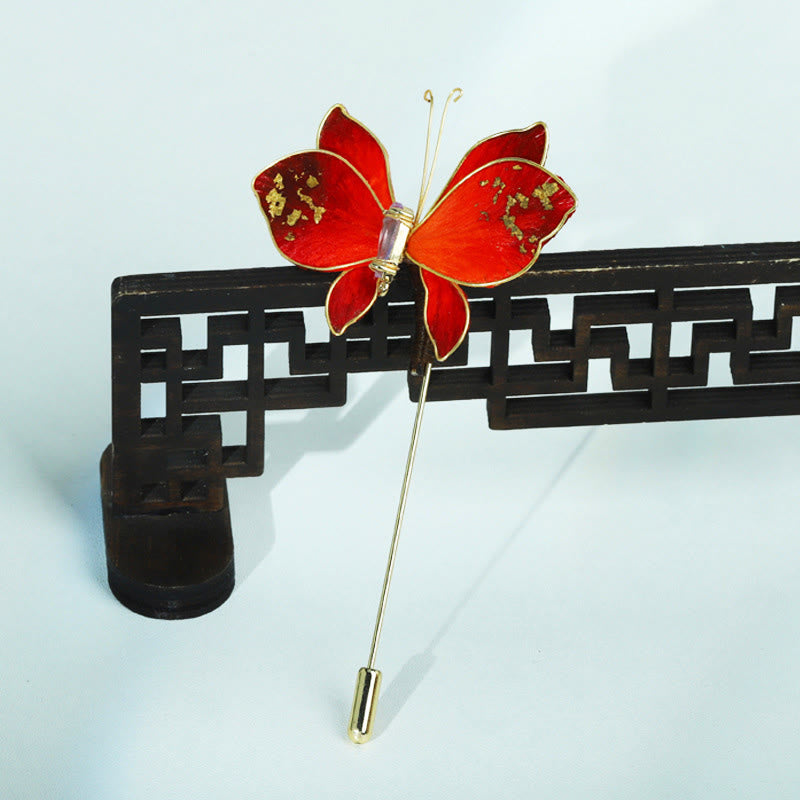 Buddha Stones Handcrafted Silk Art Velvet Flower Red Butterfly Brooch - image 3