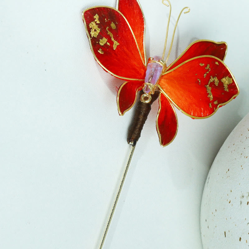 Buddha Stones Handcrafted Silk Art Velvet Flower Red Butterfly Brooch - image 12