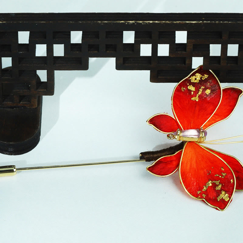 Buddha Stones Handcrafted Silk Art Velvet Flower Red Butterfly Brooch - image 6