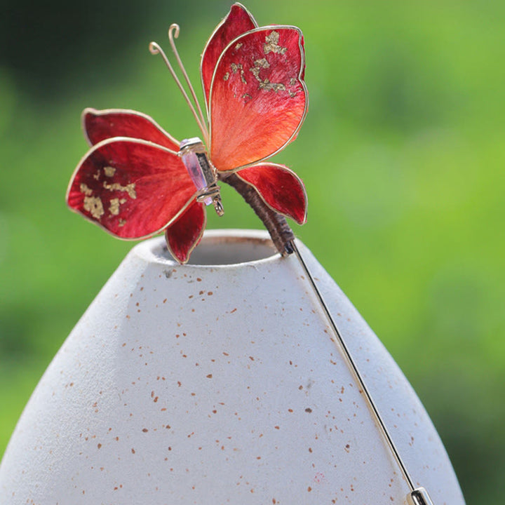 Buddha Stones Handcrafted Silk Art Velvet Flower Red Butterfly Brooch - image 13