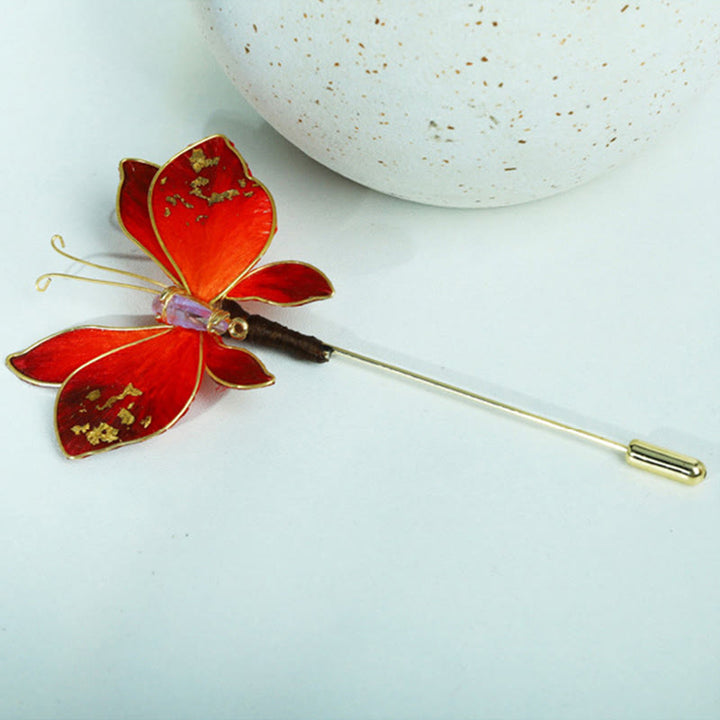 Buddha Stones Handcrafted Silk Art Velvet Flower Red Butterfly Brooch - image 7