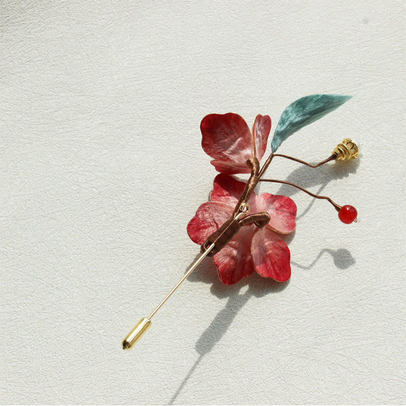 Buddha Stones Handcrafted Silk Art Velvet Flower Red Flower Brooch - image 1