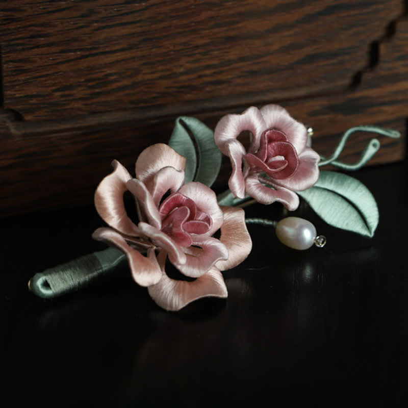 Buddha Stones Handcrafted Silk Art Twin Rose Flower Blessing Harmony Brooch - Twin Rose(Length: About 7-9cm) - image 1