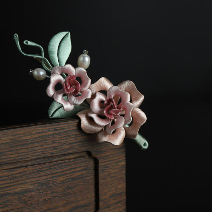 Buddha Stones Handcrafted Silk Art Twin Rose Flower Blessing Harmony Brooch - image 4