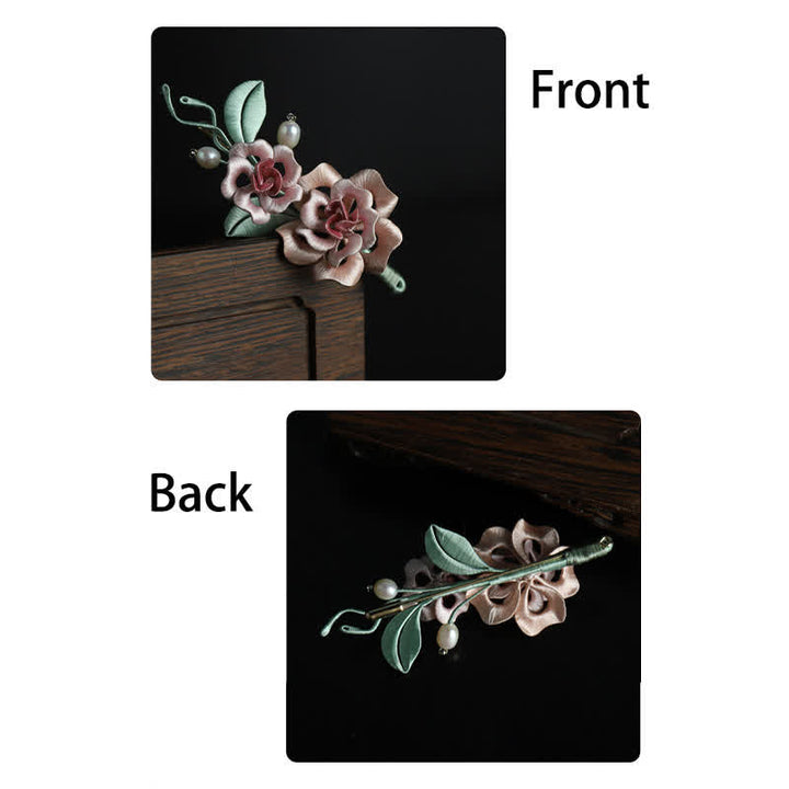 Buddha Stones Handcrafted Silk Art Twin Rose Flower Blessing Harmony Brooch - image 10