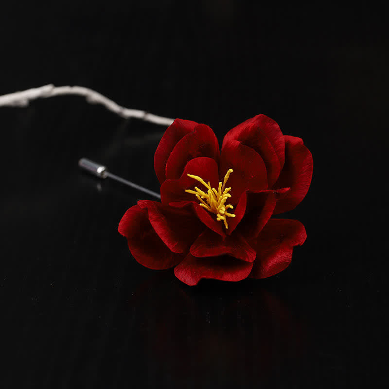 Buddha Stones Cultural Heritage Handcrafted Silk Art Red Camellia Blessing Sincerity Brooch - Camellia(Size: About 11*5.5cm) - image 0