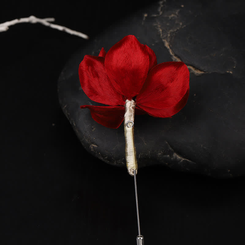 Buddha Stones Cultural Heritage Handcrafted Silk Art Red Camellia Blessing Sincerity Brooch - image 4