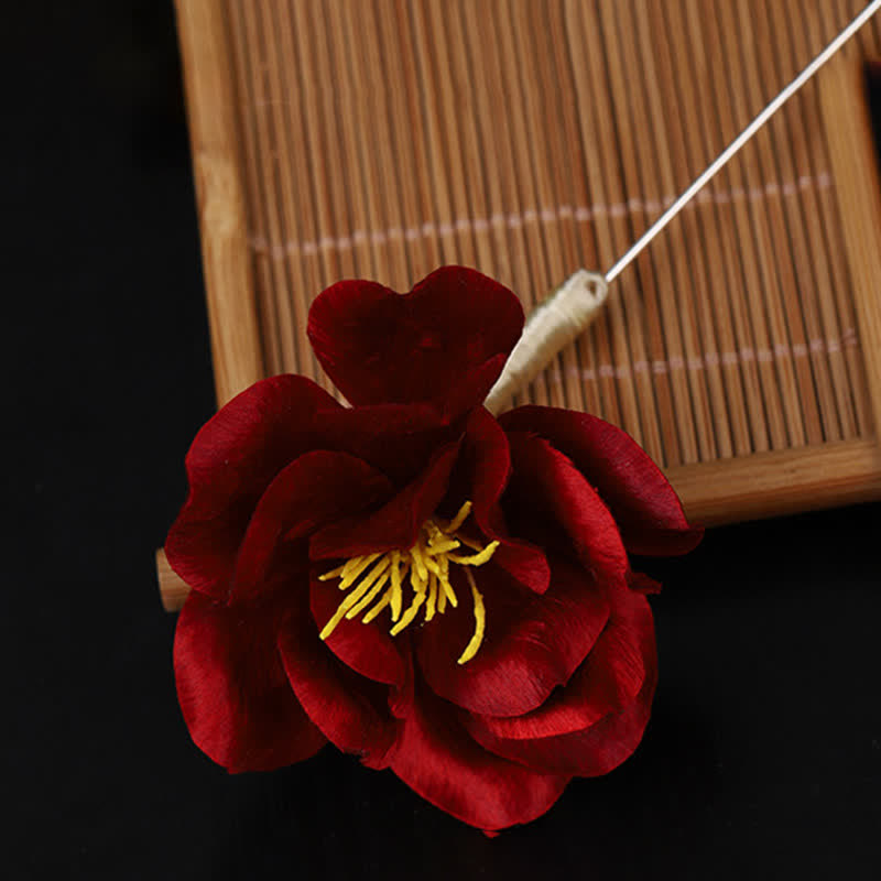 Buddha Stones Cultural Heritage Handcrafted Silk Art Red Camellia Blessing Sincerity Brooch - image 9