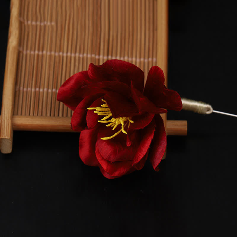 Buddha Stones Cultural Heritage Handcrafted Silk Art Red Camellia Blessing Sincerity Brooch - image 8