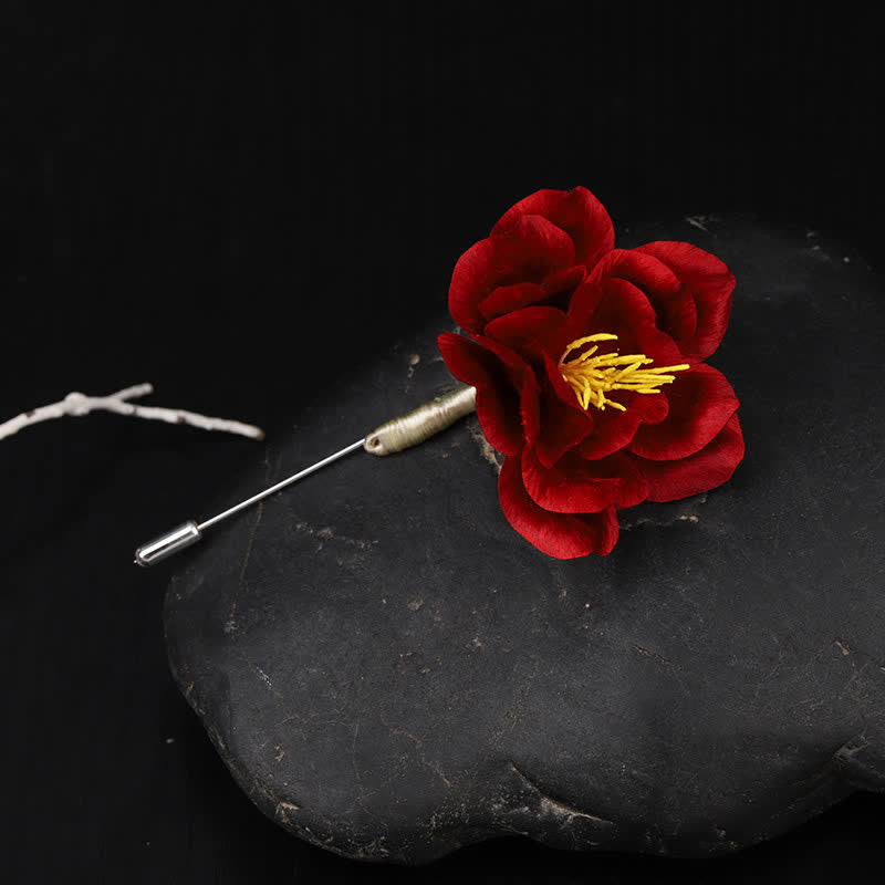 Buddha Stones Cultural Heritage Handcrafted Silk Art Red Camellia Blessing Sincerity Brooch - image 2