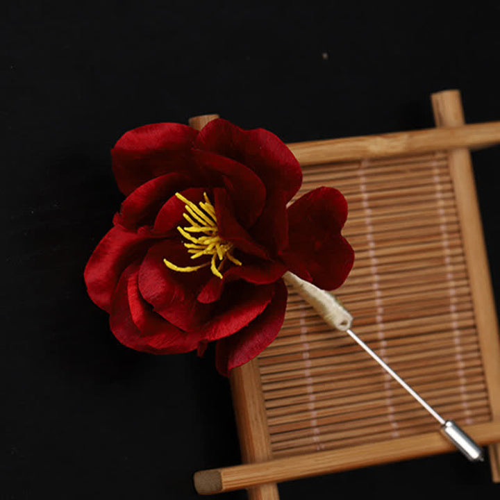 Buddha Stones Cultural Heritage Handcrafted Silk Art Red Camellia Blessing Sincerity Brooch - image 6