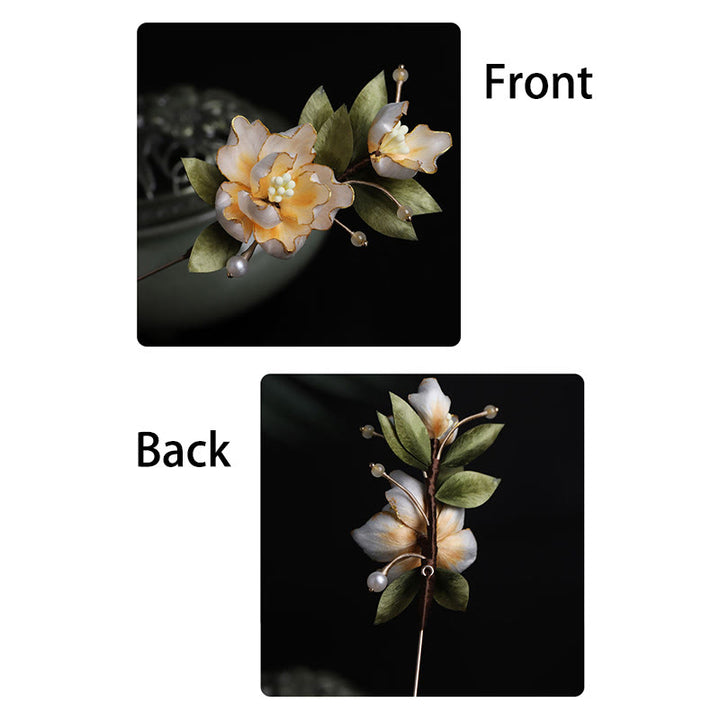 Buddha Stones Handcrafted Silk Art Golden Peony Flower Good Fortune Brooch - image 12