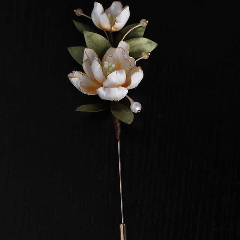 Buddha Stones Handcrafted Silk Art Golden Peony Flower Good Fortune Brooch - image 4