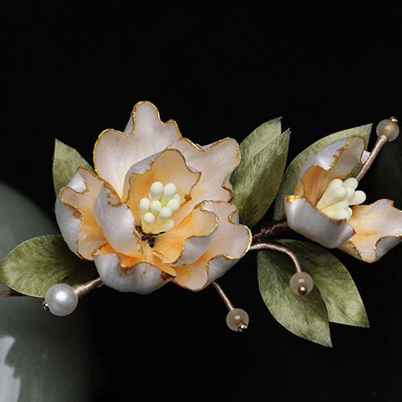 Buddha Stones Handcrafted Silk Art Golden Peony Flower Good Fortune Brooch - image 8