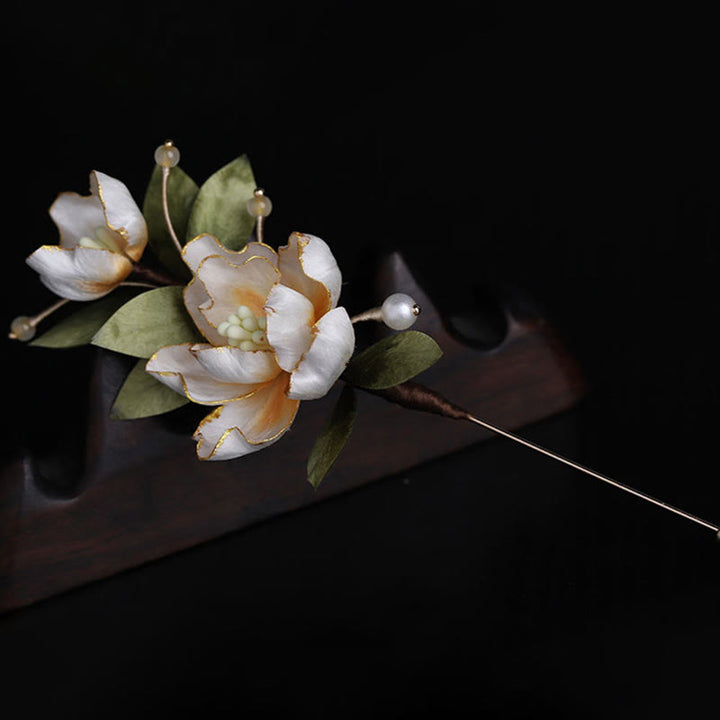 Buddha Stones Handcrafted Silk Art Golden Peony Flower Good Fortune Brooch - image 6