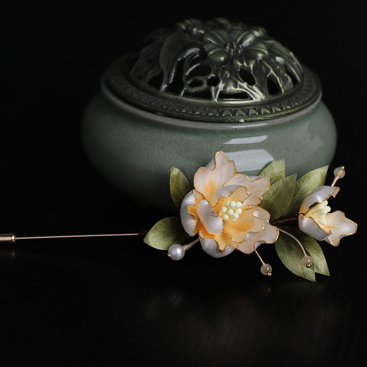 Buddha Stones Handcrafted Silk Art Golden Peony Flower Good Fortune Brooch - image 2