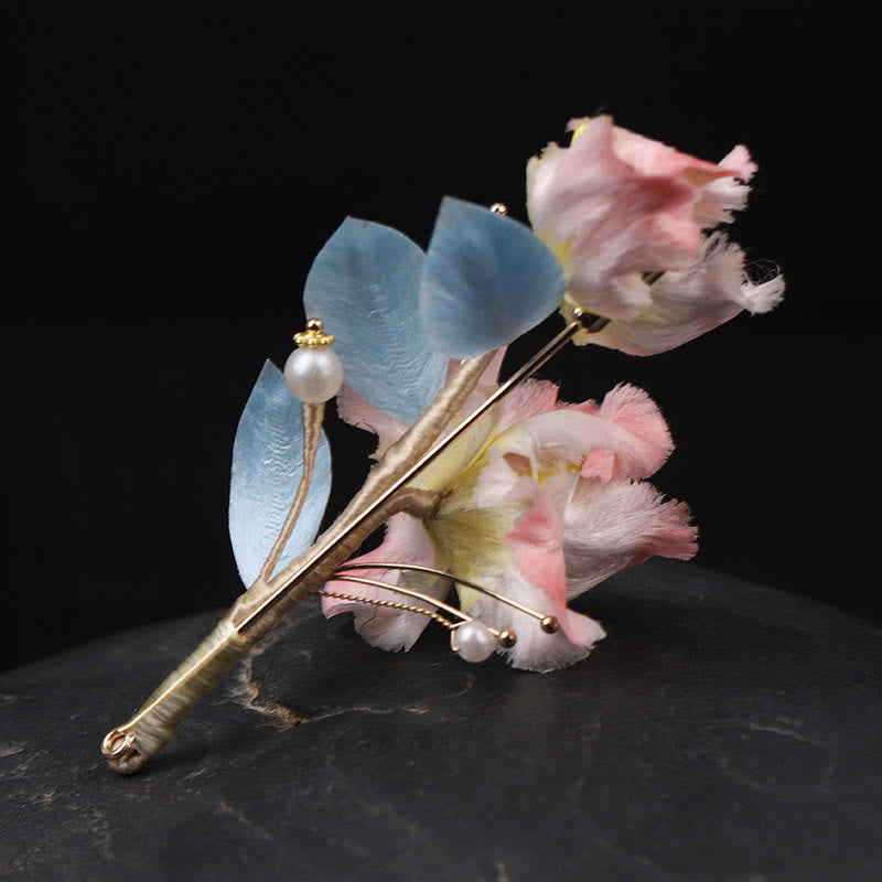 Buddha Stones Handcrafted Silk Art Pink Iris Flower Protection Brooch - image 3