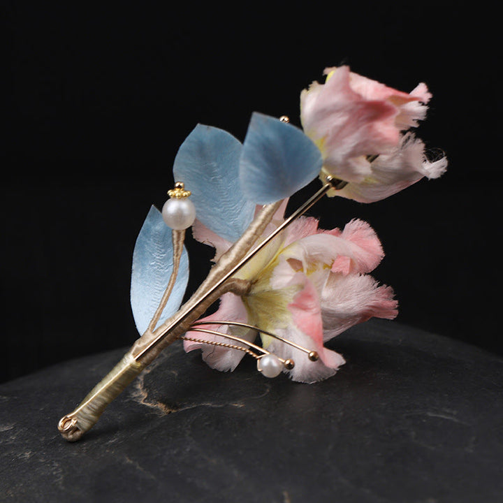 Buddha Stones Handcrafted Silk Art Pink Iris Flower Protection Brooch - image 3