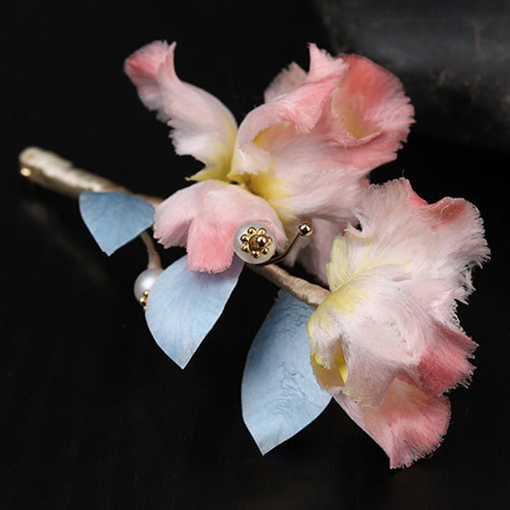 Buddha Stones Handcrafted Silk Art Pink Iris Flower Protection Brooch - image 4