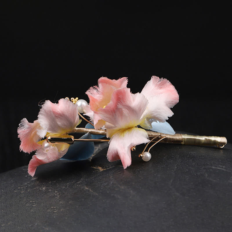 Buddha Stones Handcrafted Silk Art Pink Iris Flower Protection Brooch - image 5
