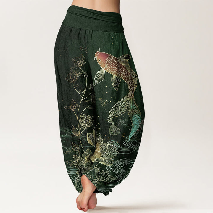 Buddha Stones Lotus Koi Fish Pattern Women's Elastic Waist Pure Cotton Harem Pants - image 9