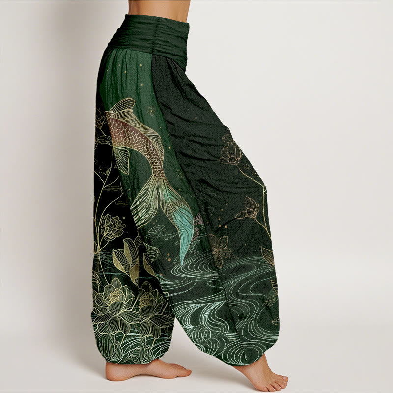 Buddha Stones Lotus Koi Fish Pattern Women's Elastic Waist Pure Cotton Harem Pants - image 10
