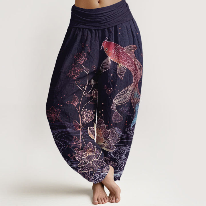 Buddha Stones Lotus Koi Fish Pattern Women's Elastic Waist Pure Cotton Harem Pants - DarkMagenta - US16，UK/AU20，EU48 (3XL) - image 8