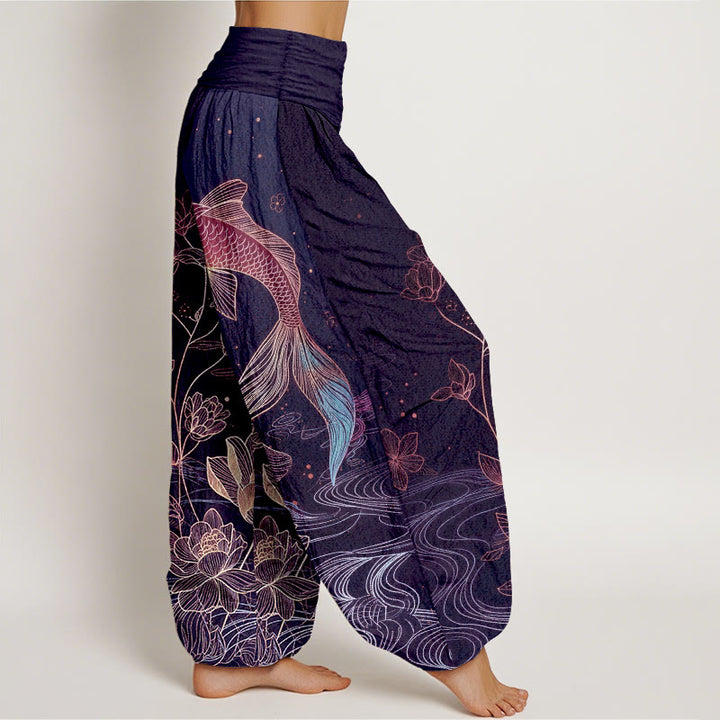 Buddha Stones Lotus Koi Fish Pattern Women's Elastic Waist Pure Cotton Harem Pants - image 10