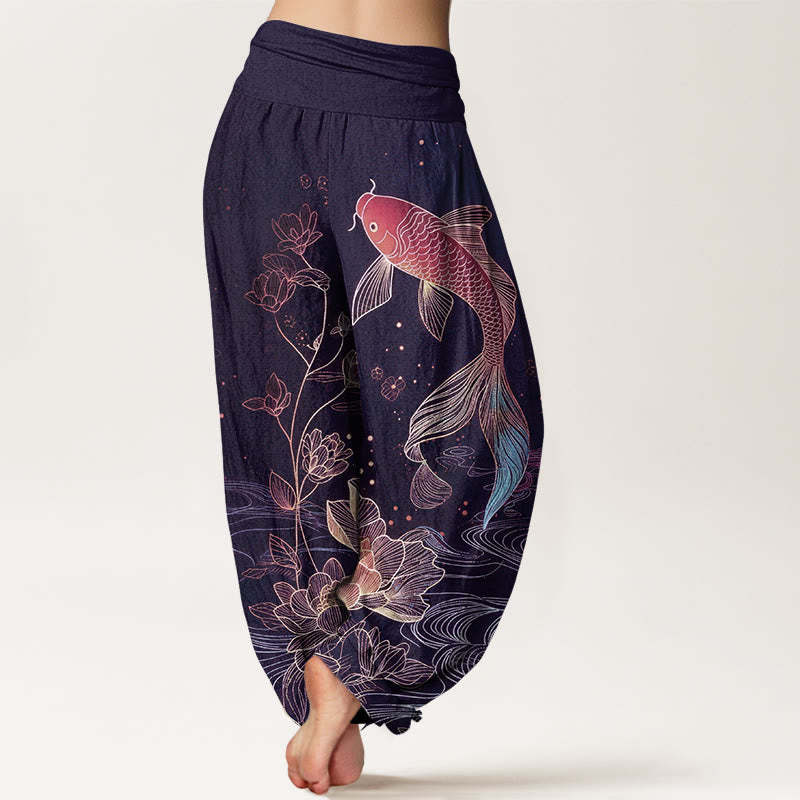 Buddha Stones Lotus Koi Fish Pattern Women's Elastic Waist Pure Cotton Harem Pants - image 9