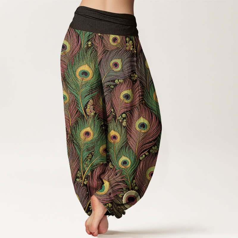 Buddha Stones Peacock Feathers Pattern Pure Cotton Women's Elastic Waist Harem Pants - image 6