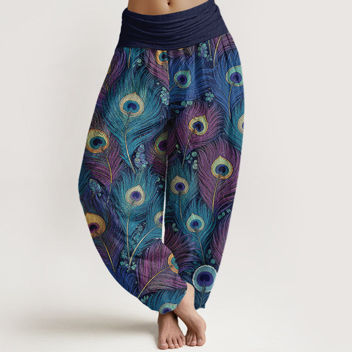 Buddha Stones Peacock Feathers Pattern Pure Cotton Women's Elastic Waist Harem Pants - SteelBlue - US16，UK/AU20，EU48 (3XL) - image 8