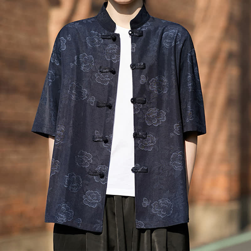 Buddha Stones Retro Frog Buttons Mandarin Collar Floral Jacquard Men's Short Sleeve Shirt - image 16