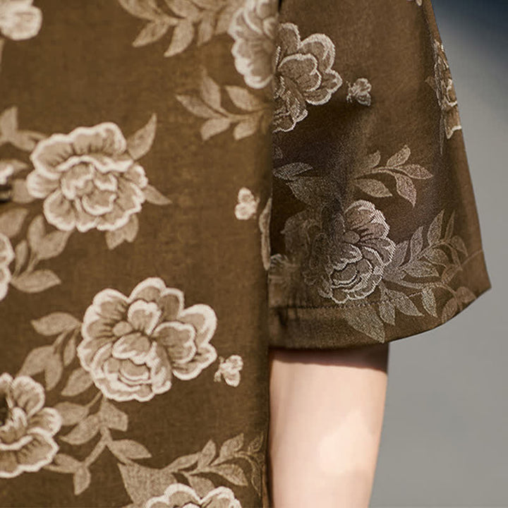 Buddha Stones Retro Frog Buttons Mandarin Collar Floral Jacquard Men's Short Sleeve Shirt - image 9