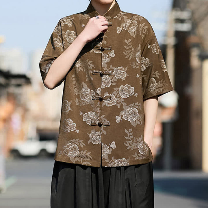 Buddha Stones Retro Frog Buttons Mandarin Collar Floral Jacquard Men's Short Sleeve Shirt - image 2