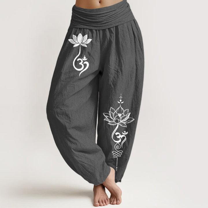 Buddha Stones Cotton Lotus Flower Om Pattern Women's Elastic Waist Harem Pants - DimGray - US16，UK/AU20，EU48 (3XL) - image 0