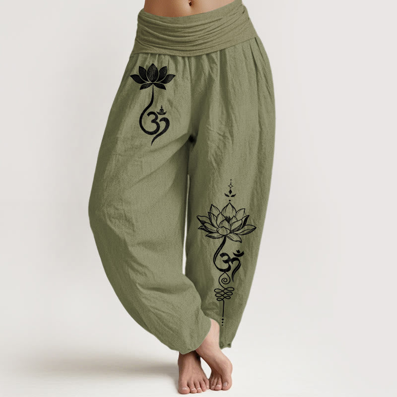 Buddha Stones Cotton Lotus Flower Om Pattern Women's Elastic Waist Harem Pants - OliveDrab - US16，UK/AU20，EU48 (3XL) - image 14