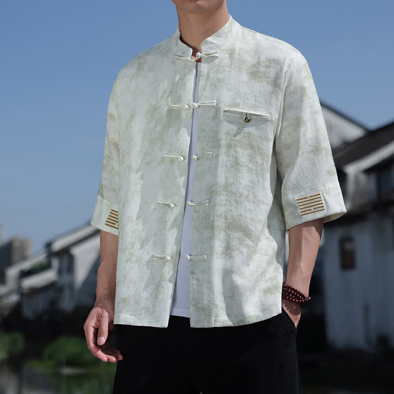 Buddha Stones Frog-Button Mottled Pattern Embroidery Short Sleeve Tang Suit Men's Linen Shirt - Honeydew - US/UK/AU46，EU56 (5XL) - image 0