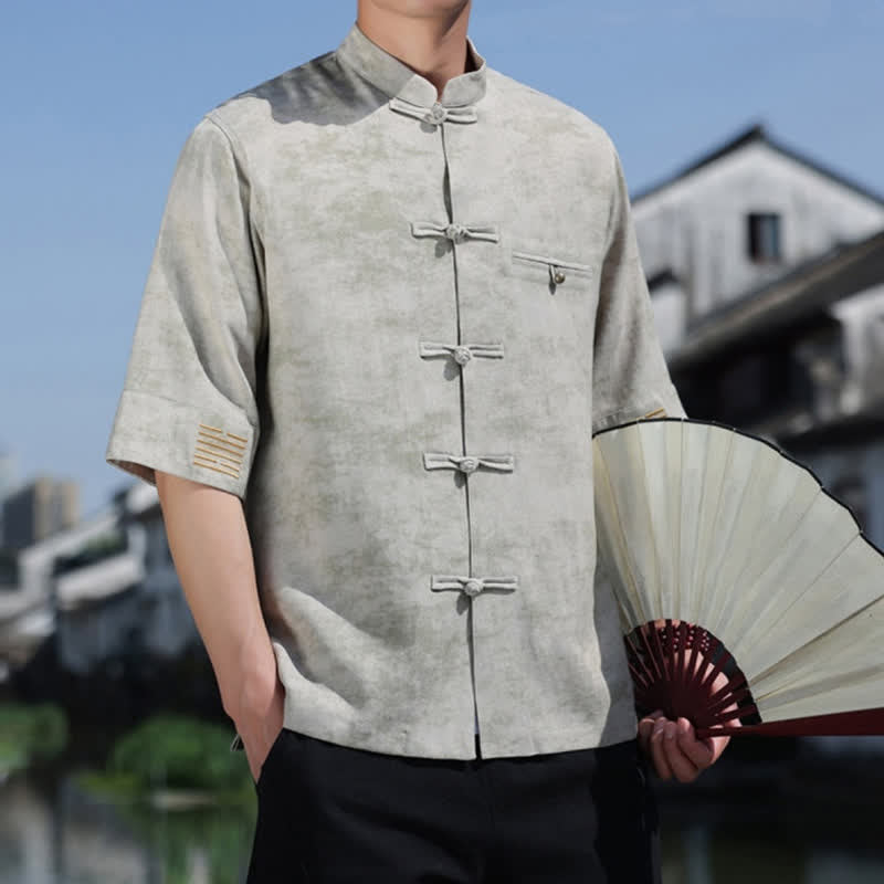 Buddha Stones Frog-Button Mottled Pattern Embroidery Short Sleeve Tang Suit Men's Linen Shirt - image 11
